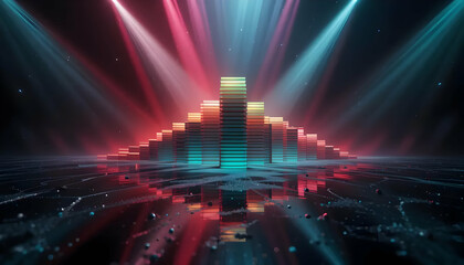 Neon Cityscape Glowing Cubes Reflecting in Dark Waters Under Dramatic Lighting