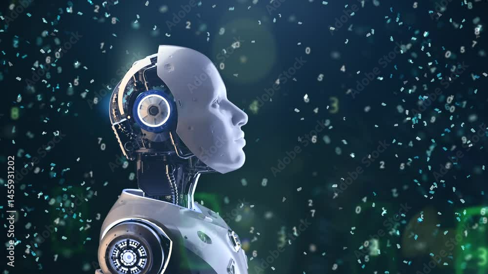 Poster machine learning concept 3d rendering ai robot with education graphic interface 4k footage