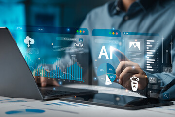 Businessman analyzes data using AI technology to work with tools, Chatbot data or chat with AI with...