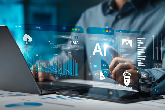 Businessman analyzes data using AI technology to work with tools, Chatbot data or chat with AI with Robot. Concept, AI smart robot technology, artificial intelligence, helping to solve work problems.