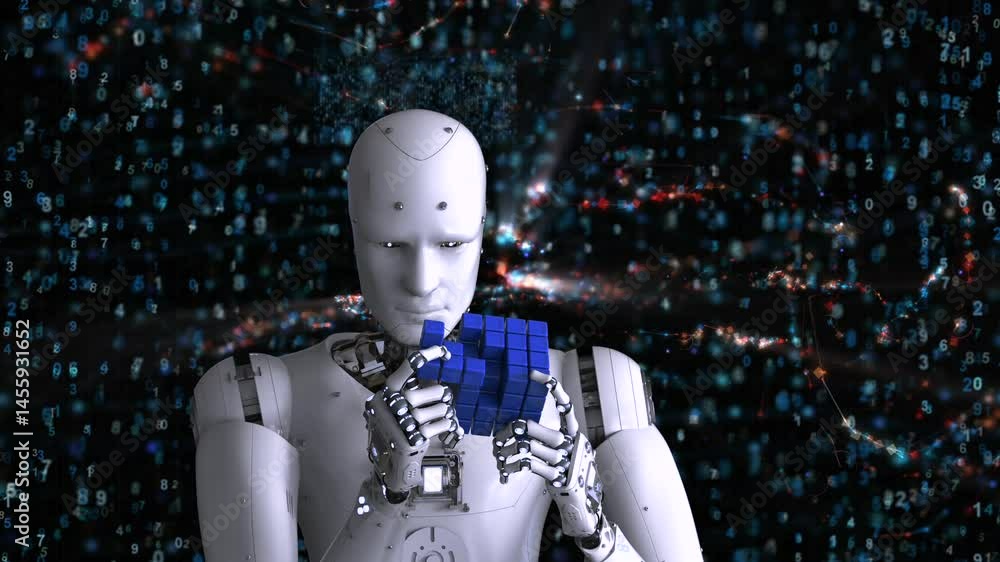 Poster 3d rendering humanoid robot playing cube puzzle 4k footage