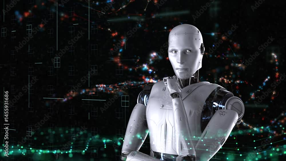 Poster 3d rendering humanoid robot or ai cyborg with virtual graphic display 4k footage