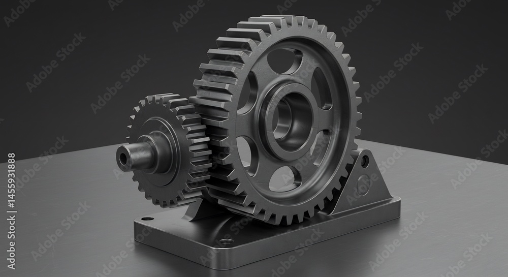 Poster gears rotating mechanical system on dark background
