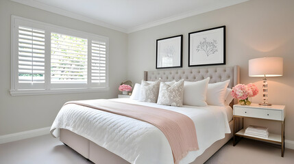 Light-filled master bedroom with a plush bed, blush accents, and stylish artwork.  A serene space with neutral tones and natural light