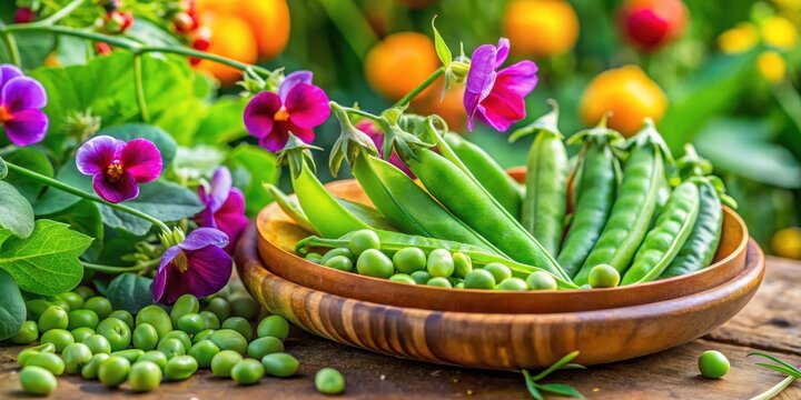 Freshly harvested garden peas in a vibrant, green pods surrounded by lush foliage and colorful flowers, vegetables, peas