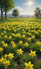 Fototapeta premium Cheerful yellow daffodils carpet a vibrant green meadow under a clear sky , rural, cheerful