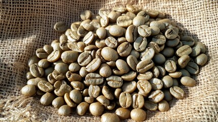 Green coffee beans on burlap sunlight