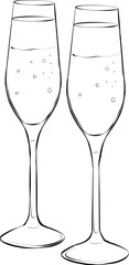 couple of tall, elegant glass of sparkling wine with bubbles rising to the surface hand drawn vector