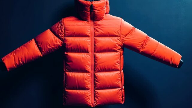 Vibrant red puffer jacket unfolding transformation on blue background