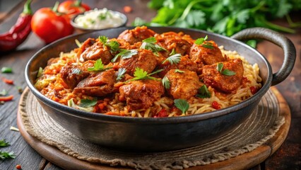 Fototapeta premium Fragrant basmati rice mixed with marinated chicken cooked in a rich spicy tomato sauce, garnished with fresh cilantro and crispy onions , Indian cuisine, basmati rice