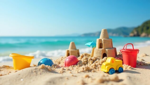 Beach vacation scene with sandcastles and toys, summer vacation, toys, shore
