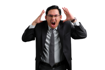Handsome Asian businessman in suit yelling and raised hand, feeling angry and frustrated, isolated on transparent background