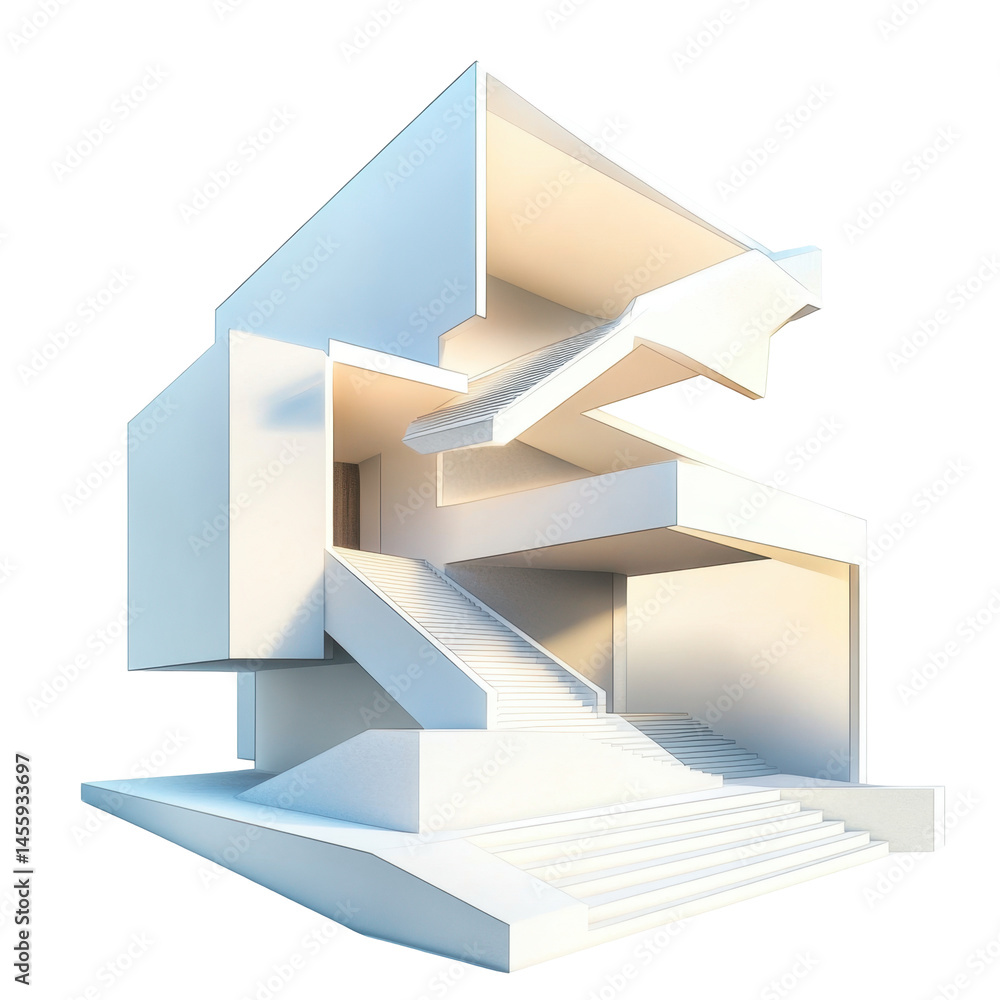 Poster modern architectural masterpiece with intricate staircases and clean lines in a minimalist style