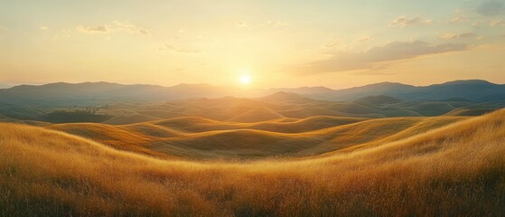 Obraz premium Landscape presents gentle hills illuminated by sunlight, suggesting calm tranquility in nature.