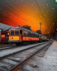 Obraz premium Vintage Dramatic Halftone Scene of an Old Train at Sunset with Colorful Sky and Galvanized Railways in a Nostalgic Comic Art Style