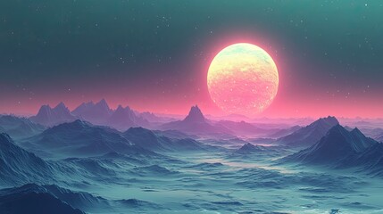 Opaline spheres float serenely above a landscape of undulating, violet dunes under a jade firmament.