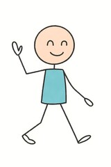 Happy Stick Figure Person Walking and Waving Hello Cartoon Illustration