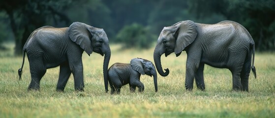 Baby elephant walks between two adult elephants, showcasing their family unit in natural grassland.