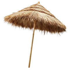 Tropical thatched umbrella providing shade on a sunny beach during midday, promising relaxation and comfort for beachgoers