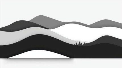 A serene landscape of black and white mountains with a small cluster of trees in the foreground.