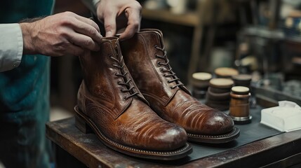 Handcrafted Brown Leather Boots Shoemaking Workshop Vintage Style Detailed Closeup Authentic Repairing Process Old Fashioned Footwear Craftsmanship