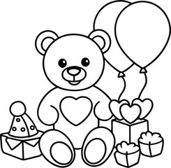 Cute teddy bear, a sweet cartoon animal toy, sits with a heart and a gift box, perfect for a baby or Valentine's design coloring page.