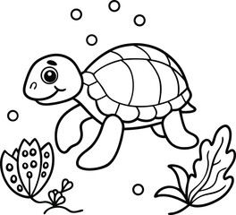 A cute cartoon turtle, a slow and happy reptile with a patterned shell, is a fun wild animal art coloring page.