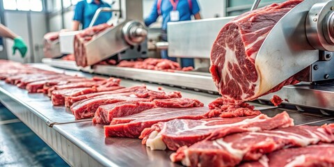 Close-up shot of a high-speed meat cutter blade slicing through thick cuts of beef on a factory floor , blade, slicing
