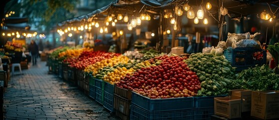 Produce in crates gets displayed at a vibrant farmers market with hanging lights, evoking abundance and freshness.