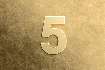 Golden number five on a scratched golden background representing the concept of rating, quality and luxury