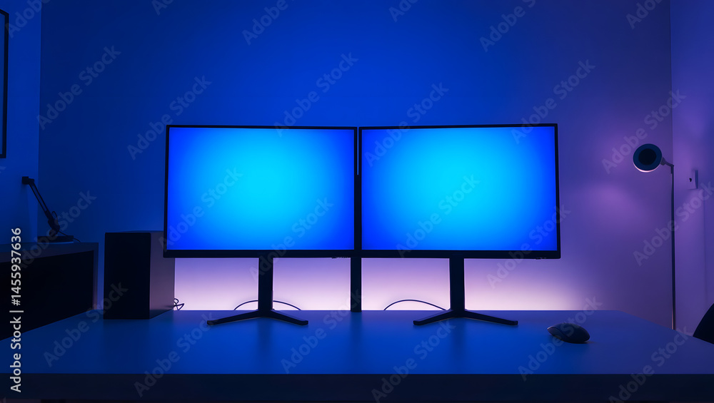 Poster dual monitor setup asymmetrical design for enhanced productivity