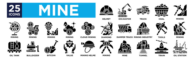 Mine icon collection set. Containing design ,Helmet ,Excavator ,Truck ,Coal ,Mining © Dhavid