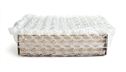 Cardboard box packed in bubble wrap isolated on white background