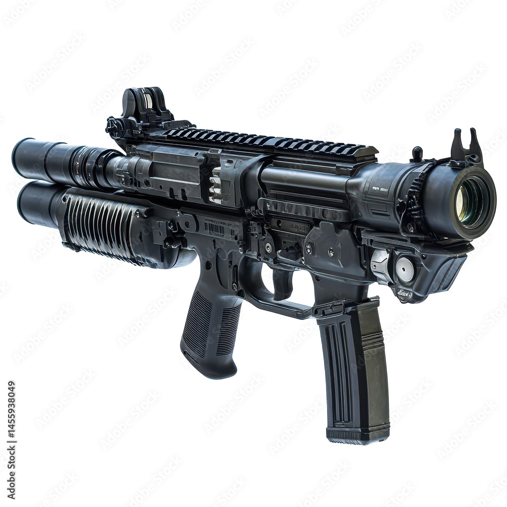 Poster high-tech tactical firearm with advanced features and accessories designed for precision in various 
