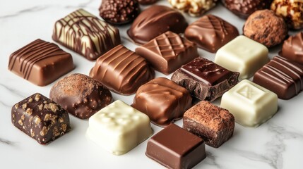 Artful arrangement of gourmet chocolates on marbled white surface