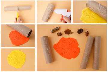 DIY stamping rollers made from cardboard tubes and hot glue with autumn-themed patterns....