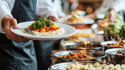 A waiter is holding a plate of prepared food at a buffet