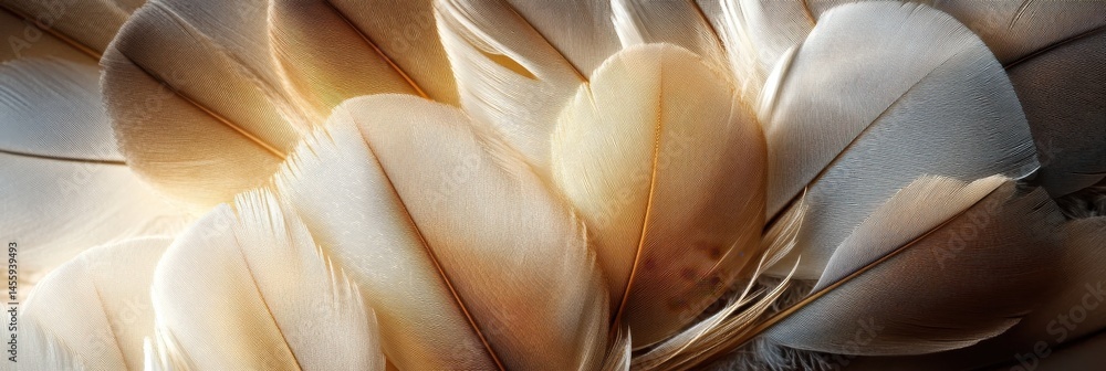 Poster macro shot of elegant beige and white feathers with subtle textures and light