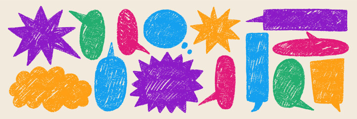 A playful illustration of speech bubbles, drawn with chalk and crayon or pastel. Colorful children's vector illustration with text boxes for chats in retro style.