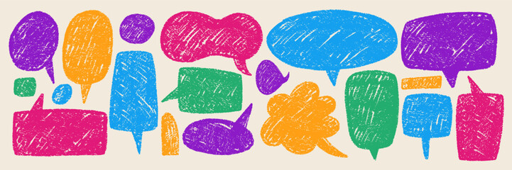 Vector set features hand-drawn speech bubbles, using pencil and crayon textures. Colorful text boxes is a pastel doodle for conversations in retro style.