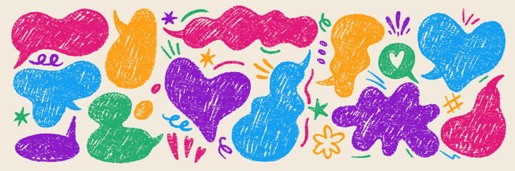 A collection of speech bubbles, illustrated with rough chalk, crayon or pastel textures. Colorful hand-drawn vector elements for design in retro style.