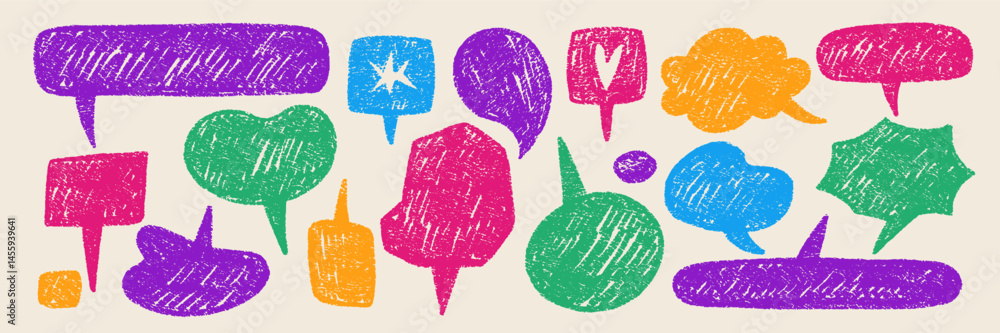 Poster set of speech bubbles drawn with chalk and crayon. text boxes for conversation or dialog in retro st