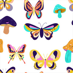 Seamless pattern groovy butterfly mushrooms flat vector, vibrant color