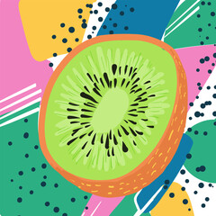 sliced kiwi in memphis vector style, s, pastel colors and bold outline, flat vector art
