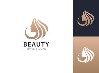 Elegant Beauty Logo Design with Woman Silhouette and Hair Wave.