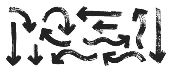 Set of rough hand drawn arrows with paintbrush texture. Vintage ink design. Doodle abstract arrows in different directions. Vector illustration.