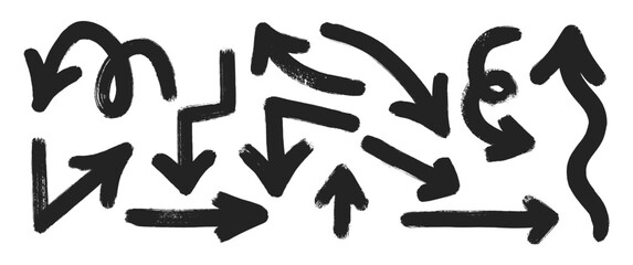 Set of rough hand drawn arrows with paintbrush or marker texture. Vintage ink design. Doodle abstract arrows in different directions. Vector illustration.