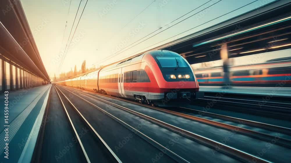 Poster high speed red train in motion on railway platform with fast transportation and speed