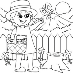 Girl with Flowers and Butterfly Coloring Page for Kids