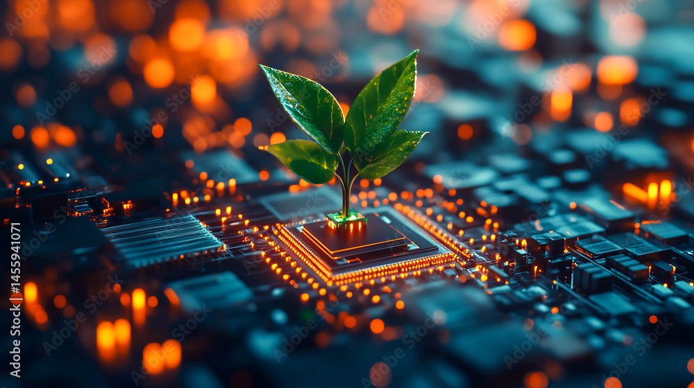 Poster a computer board with a green plant sprout growing from the processor. the board is illuminated with